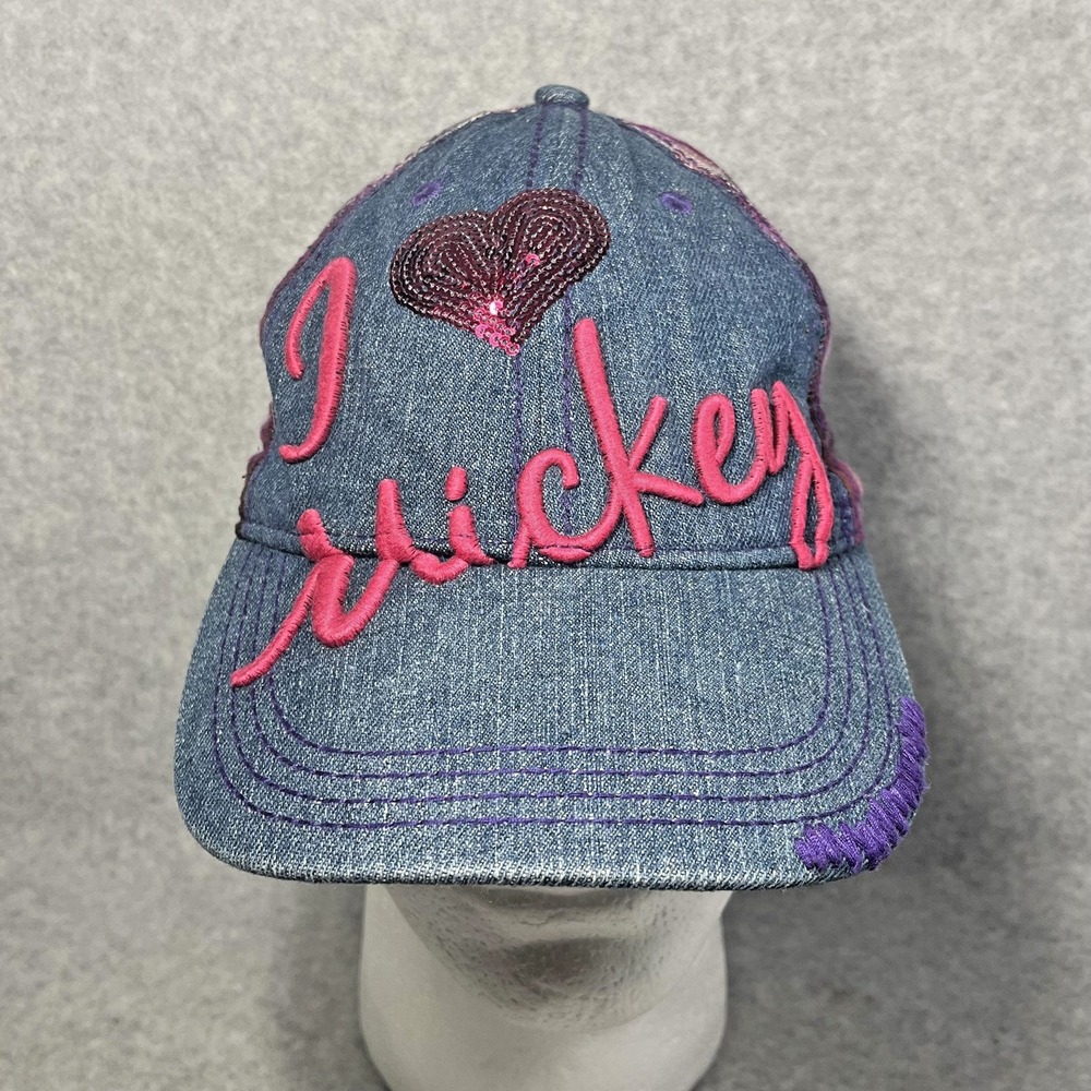 Disney Parks Hat Cap Strap Back Denim Plaid I Heart Mickey‎ Embroidered Womens